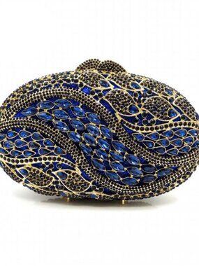Gold Oval Wave Design Rhinestone Crystal Metal Evening/Wedding Clutch NWT